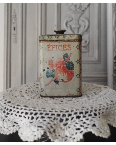 Boite en fer à épices déco fruits Confiturerie Montrouge Pellorce 1900