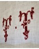 Rideaux linge ancien en lin, monogramme brodé rouge T T, avec pompon