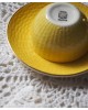 Lot 3 Tasse avec sous tasse, Digoin&Sarreguemines, décor balle de golf vert, jaune, rose