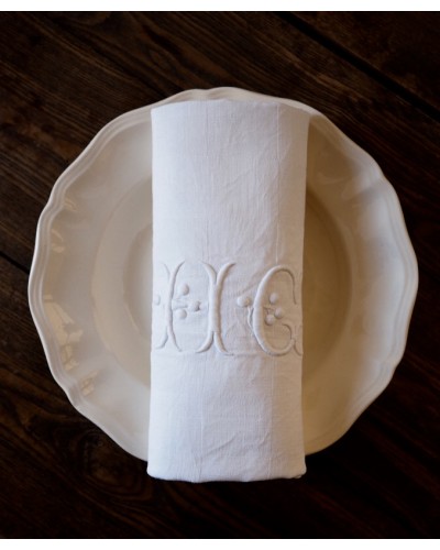 Serviettes coton blanc damassé, monogramme H G