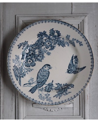 Assiette semi creuse Mésange Longwy décor fleurs et oiseaux bleu