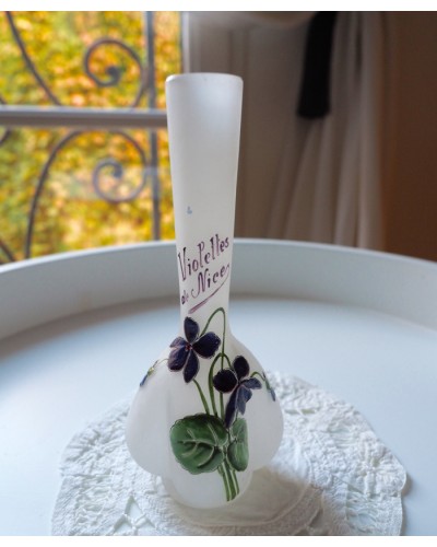 Ancien petit vase verre épais émaillé Violettes de Nice soliflore